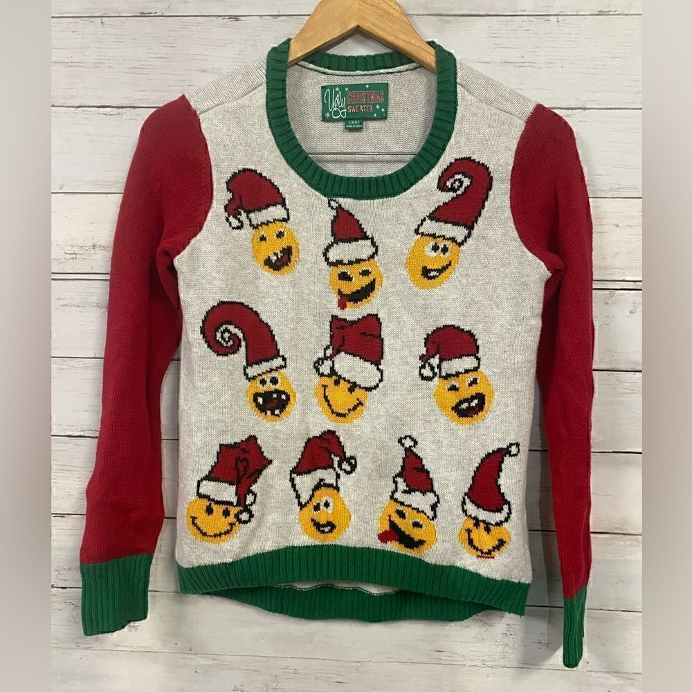 Ugly Christmas BOYS Santa Emojis Sweater Size XS